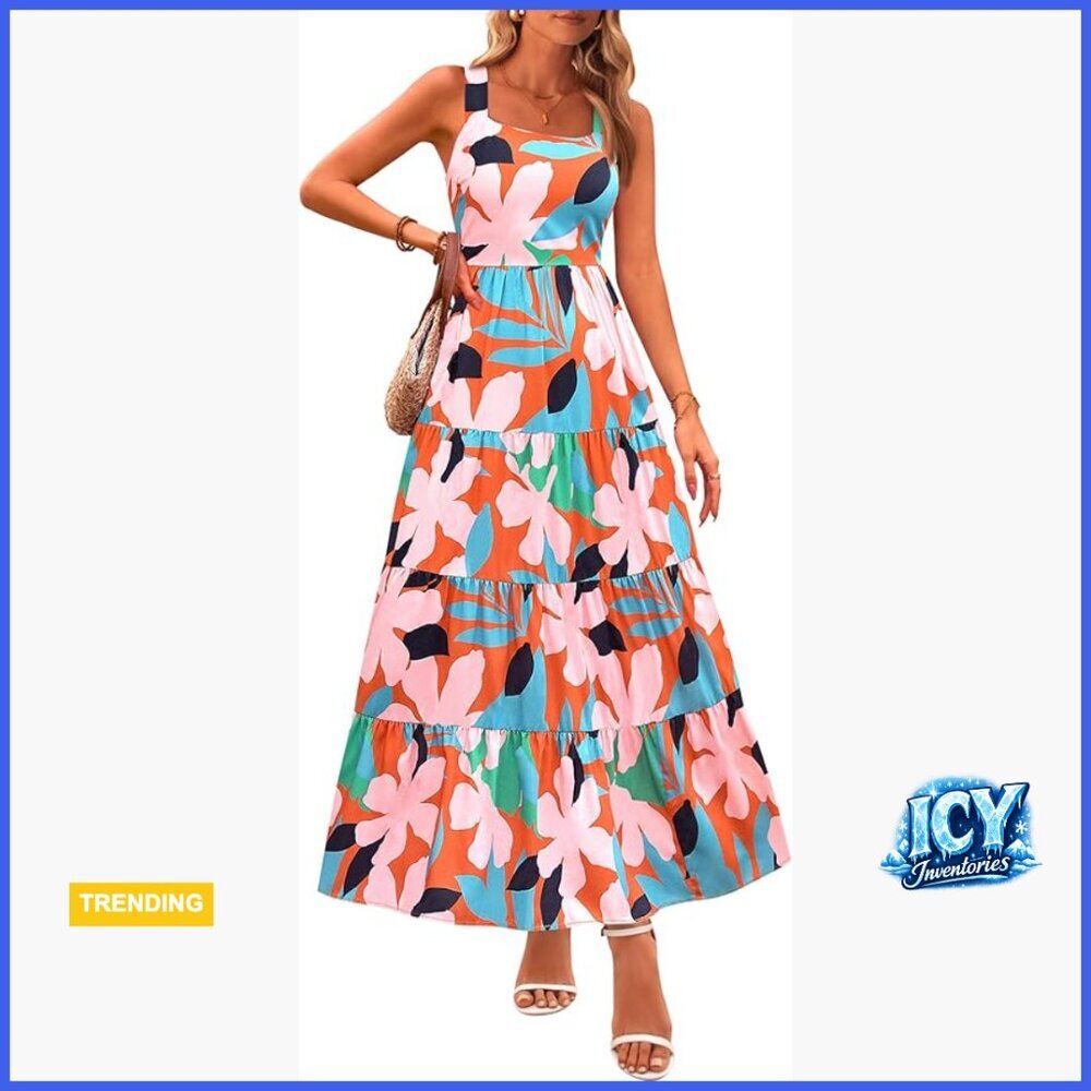 Polyester Maxi Dress with Square Neck, Ruffle Hem, Adjustable Straps